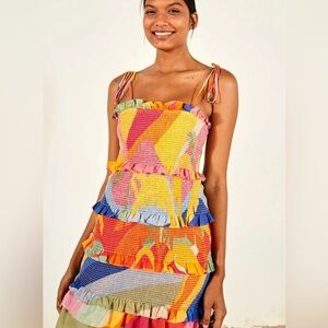 Farm Rio Smock Tiered Tropical Sunset Mini Dress XL